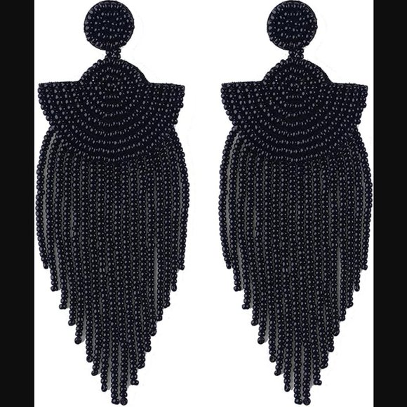 Long Black 4.25" Modern Art Deco Oversized Earrings Beaded Bohemian Tassel New - Picture 5 of 5